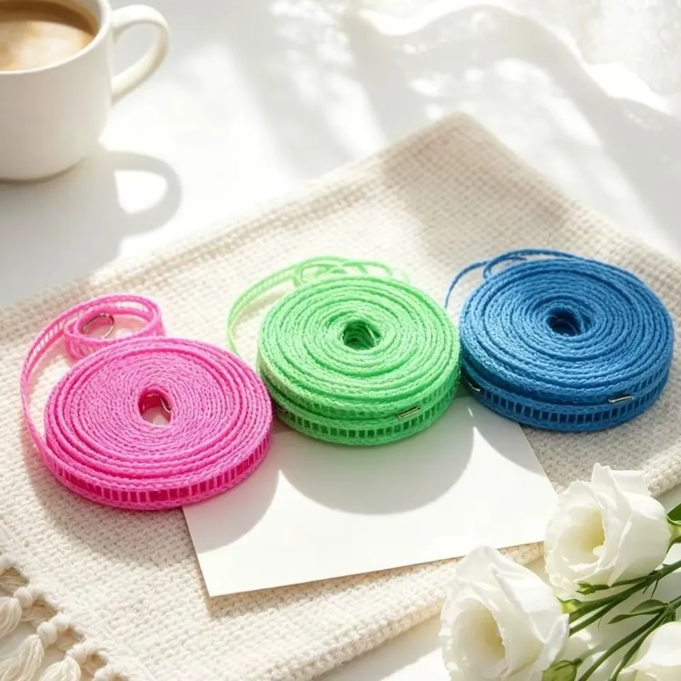 Les trois cordes rose, verte et bleue enroulées, prêtes à être utilisées