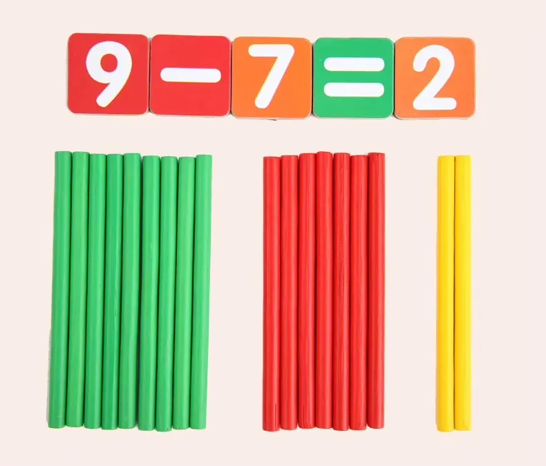 Calcul 9 − 7 = 2 illustré avec des bâtonnets