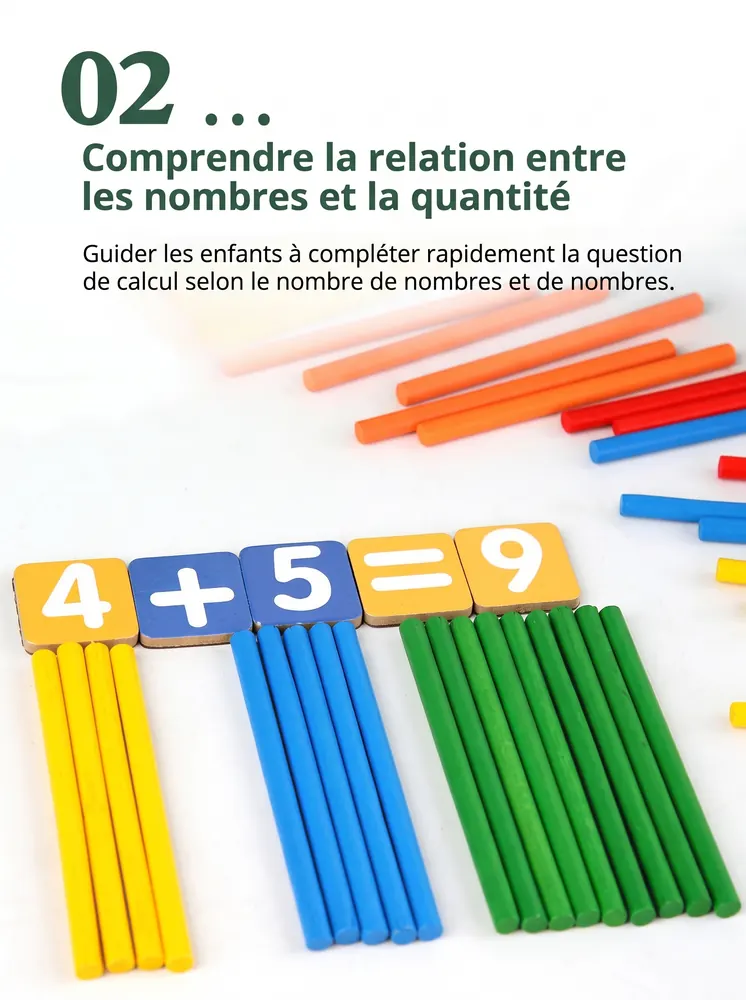 Exemple 4 + 5 = 9 avec des bâtonnets jaunes, bleus et verts