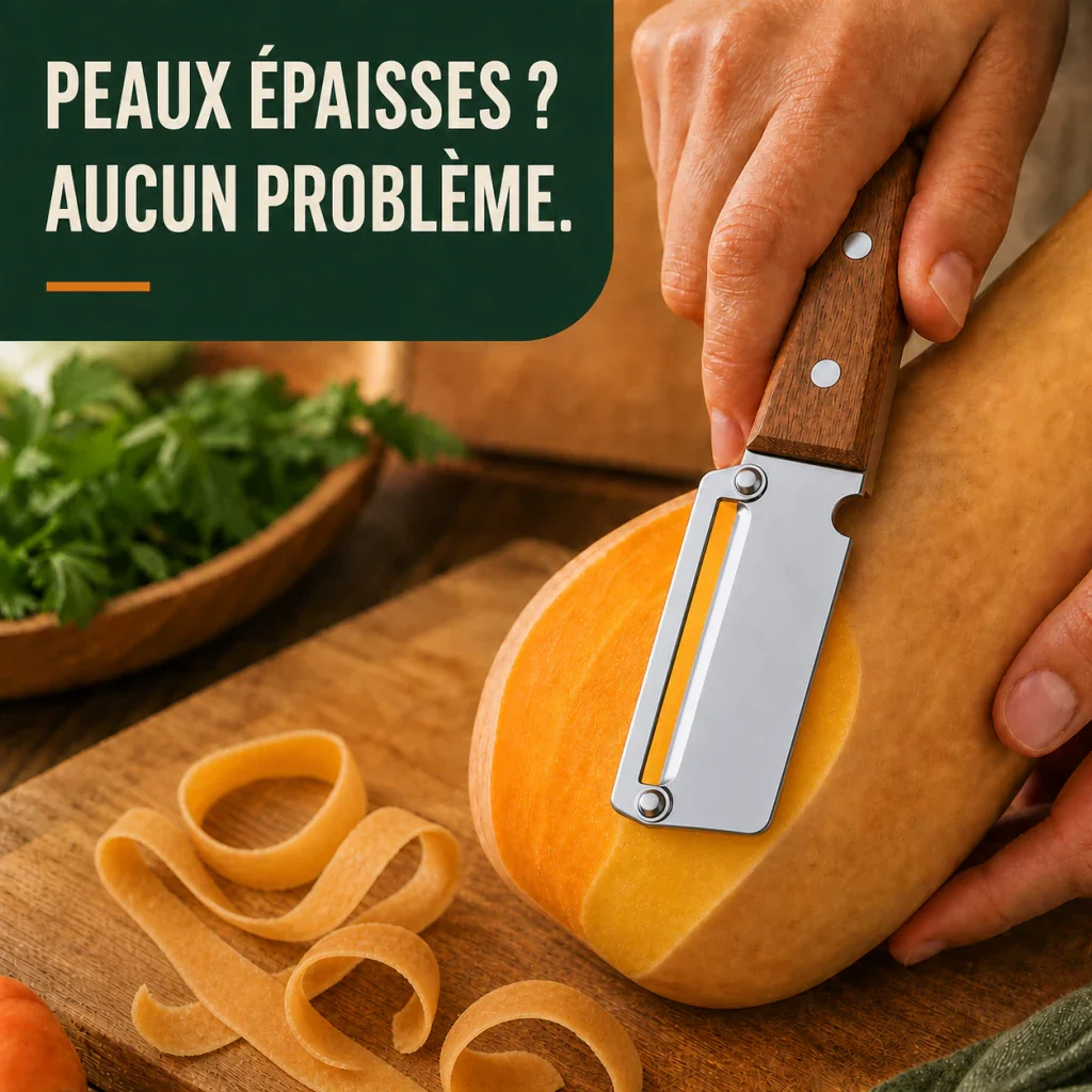 Éplucheur utilisé sur un légume à peau ferme