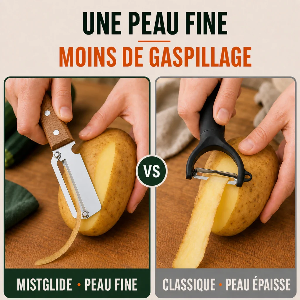 Pelure fine retirée pour conserver davantage de l’aliment